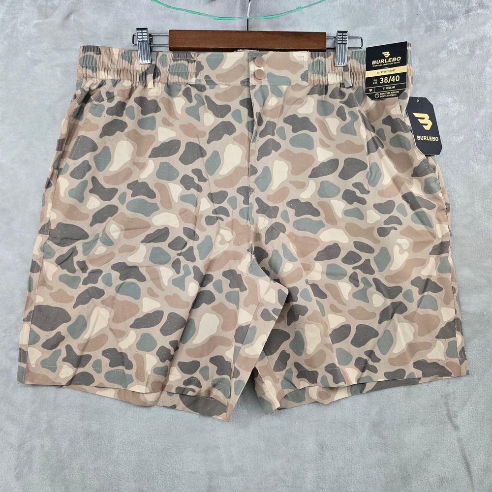BURLEBO Everyday Short Mens XXL 38/40 Tan Camo 7" Inseam Performance Stretch